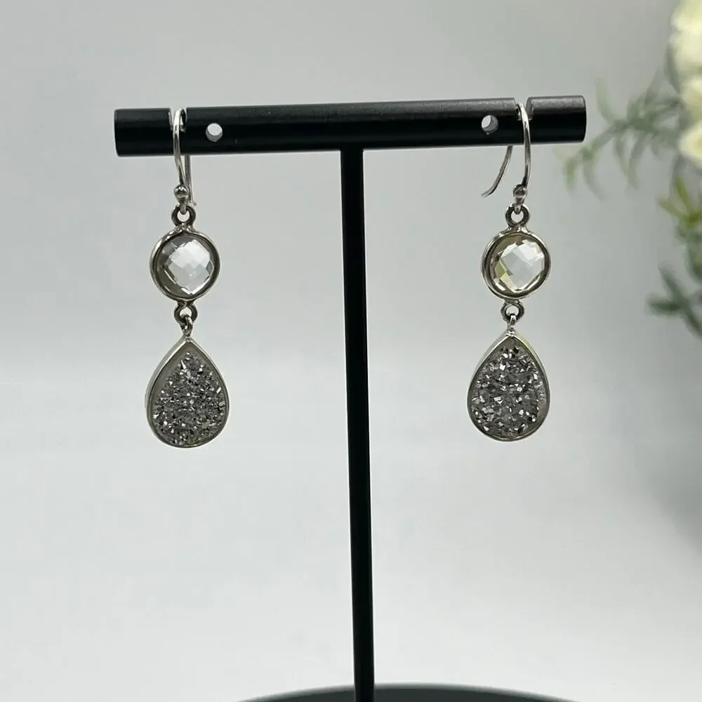 Vintage Sterling Silver 925 Titanium Druzy Clear Rock Quartz Dangle Earrings